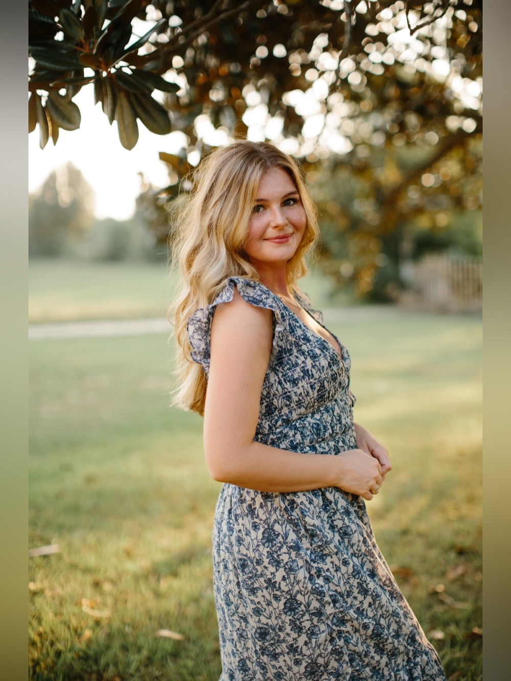 Anthropologie Cream and Navy Smocked Floral midi dress